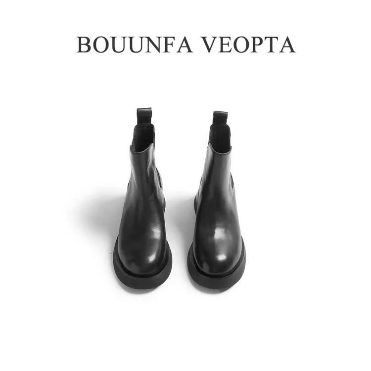 BOUUNFA VEOPTA【芯片】女士皮靴百搭圆头短筒胎牛真皮简约切尔西