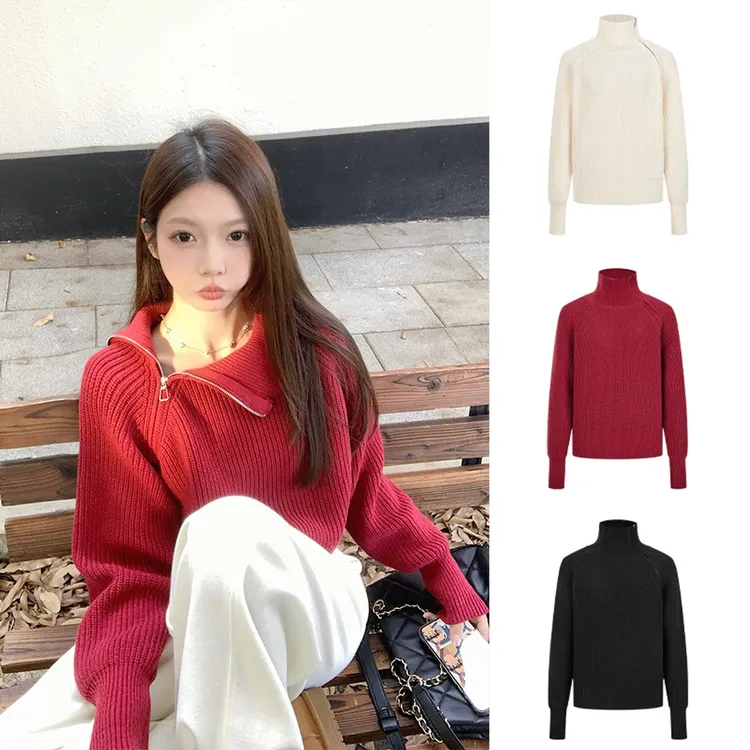 Moses Queen/魔西女王新年红色高领插肩长袖针织衫保暖内搭毛衣