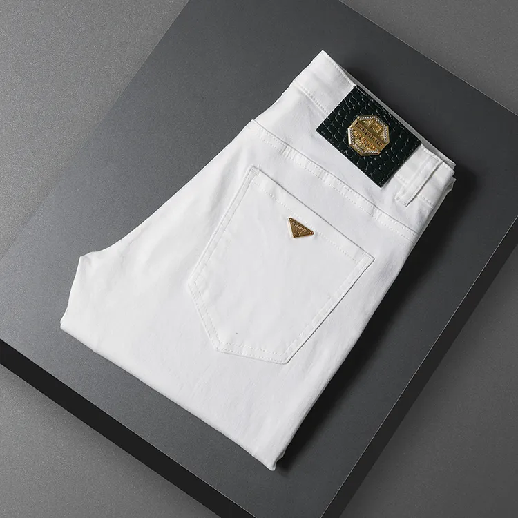 【5轻奢欧货】657高端时尚潮流修身直筒弹力白色男士牛仔裤