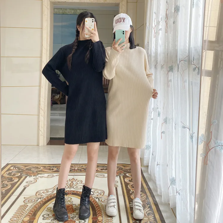 秋冬针织连衣裙毛衣女半高领配大衣中长款大码内搭小个子黑色裙