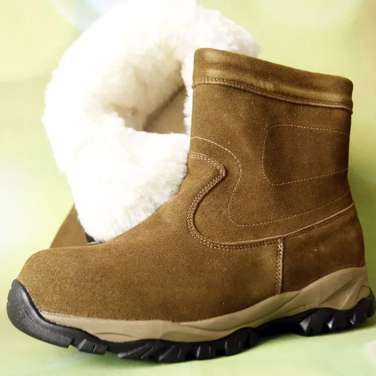 冬季加绒加厚皮面靴轻便拉链东北防滑大棉鞋户外皮毛一体雪地靴男