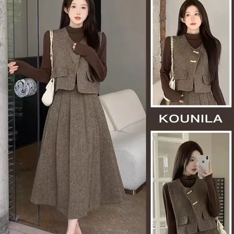 小香风灰色毛呢马甲套装裙女秋季气质温柔风高级感韩系chic三件套