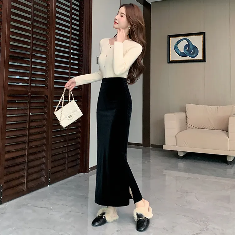 金丝绒半身裙新款黑色秋冬丝绒长裙开叉高腰显瘦直筒裙子一步裙