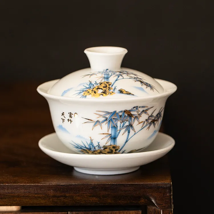 羊脂玉白瓷三才盖碗茶杯单个带盖不烫手家用高档功夫茶具泡茶器