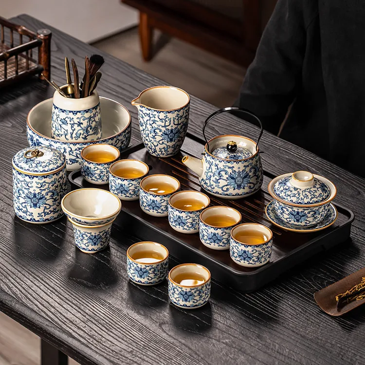 2025新款青花汝窑功夫茶具套装家用轻奢高档盖碗泡茶壶喝茶杯中式