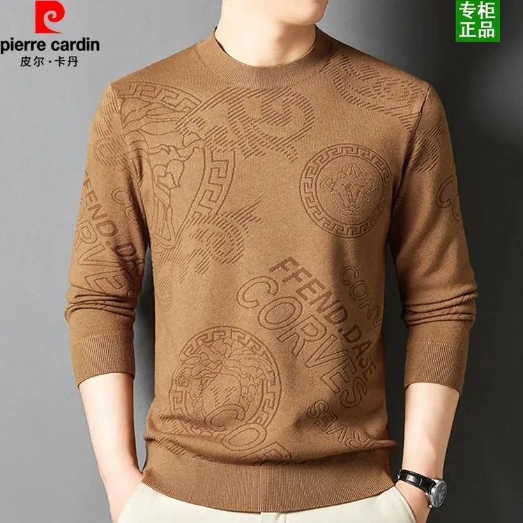 皮尔卡丹高档男士提花羊毛衫秋冬轻奢加绒卫衣商务休闲圆领针织衫