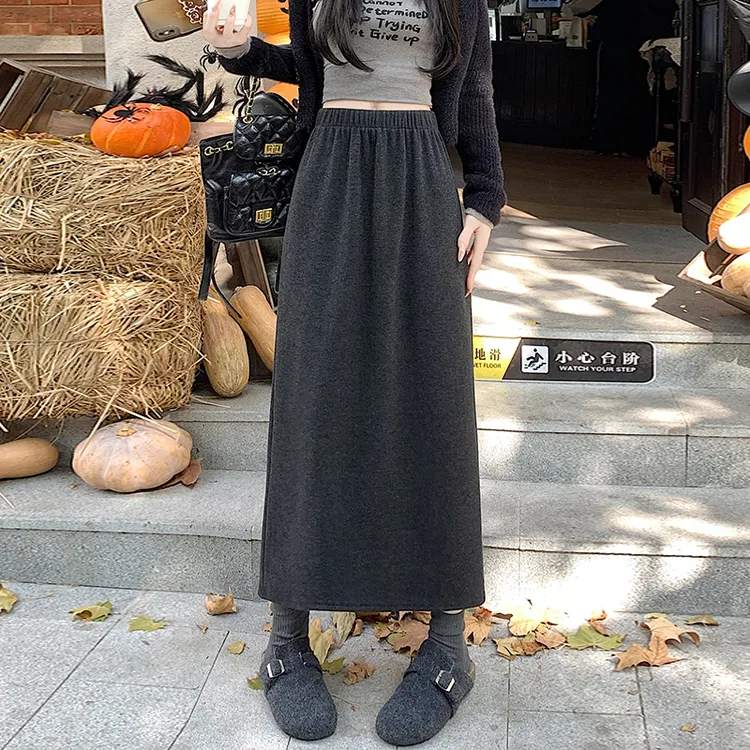 深灰色加绒加厚糯米裙半身裙女秋冬松紧高腰显瘦开叉a字包臀长裙