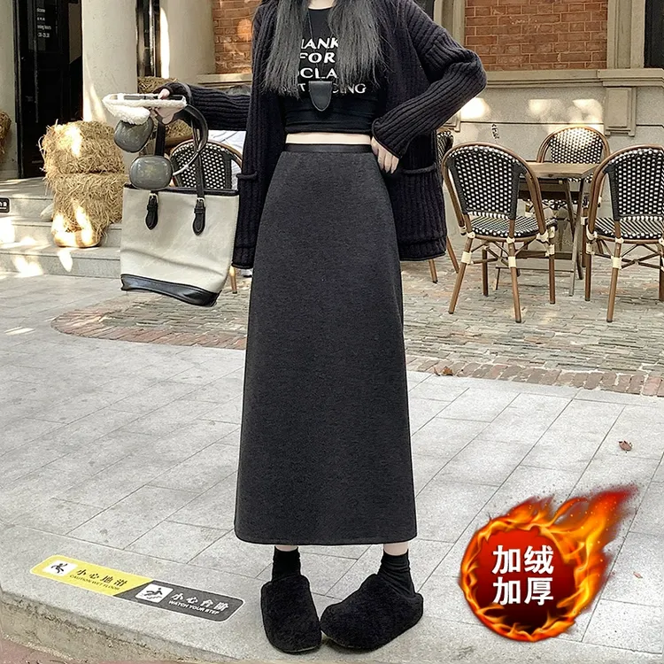 深灰色羊毛呢半身裙女冬季加绒加厚气质A字裙中长款后开叉包臀裙