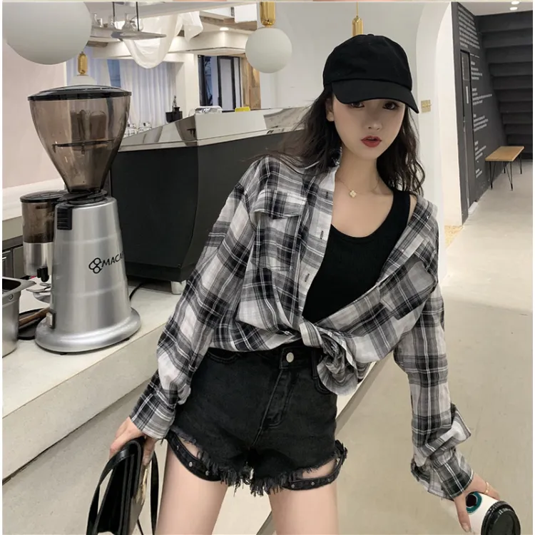 春装新款大码港风长袖格子衬衫宽松慵懒中长款衬衣外套M-4XL200斤