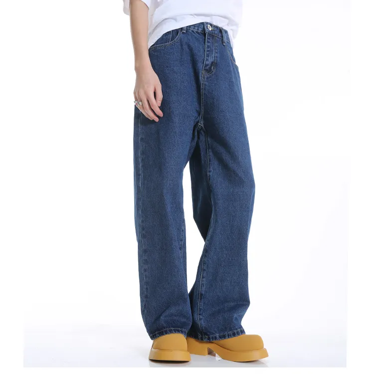 Voguo Relay秋冬新款深蓝色牛仔裤半松紧腰宽松直筒裤子男女