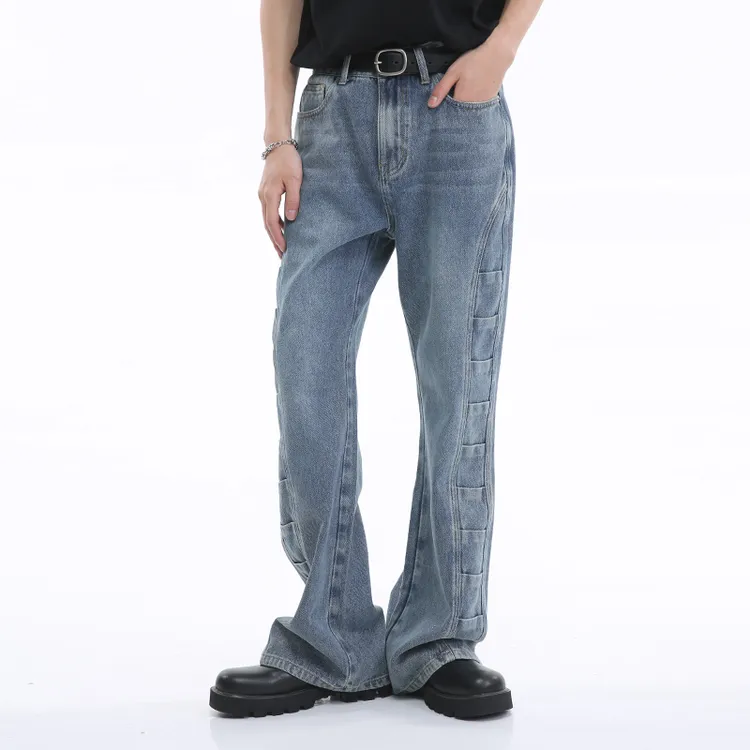 Voguo Relay 韩版小众设计叠片拼接微喇叭中腰显瘦蓝色牛仔裤男女