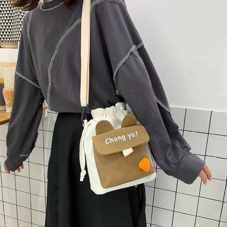 可爱小包包2025新款韩国ins日系原宿帆布斜挎包女学生单肩水桶包