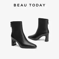 BeauToday高跟短靴女英伦切尔西靴女中筒真皮烟筒靴女
