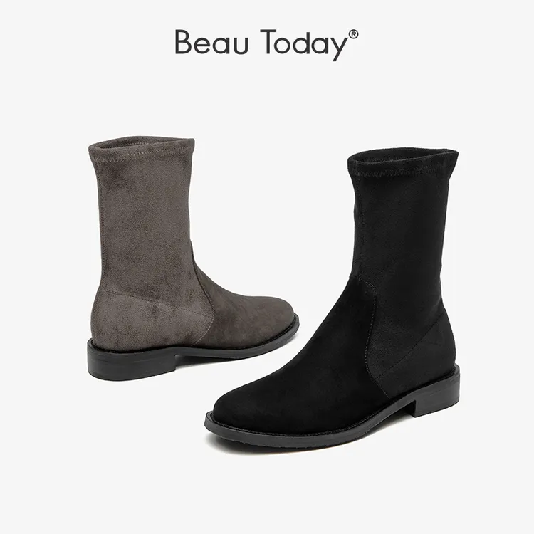 BeauTodayBT短靴女新款真皮单靴粗跟秋季复古黑色弹力平底女靴