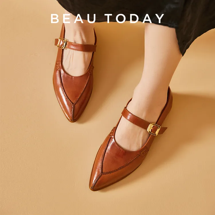 BeauToday【商场同款】全真皮复古英伦风轻奢鞋子一字带玛丽珍女鞋