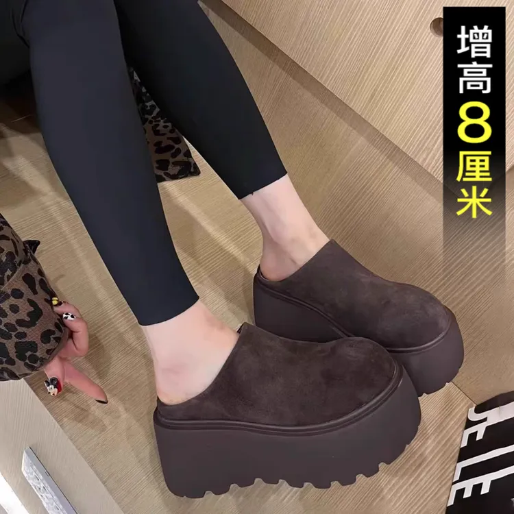 真皮8cm厚底芒果头半拖鞋女外穿2025新款小个子松糕超高跟包头拖