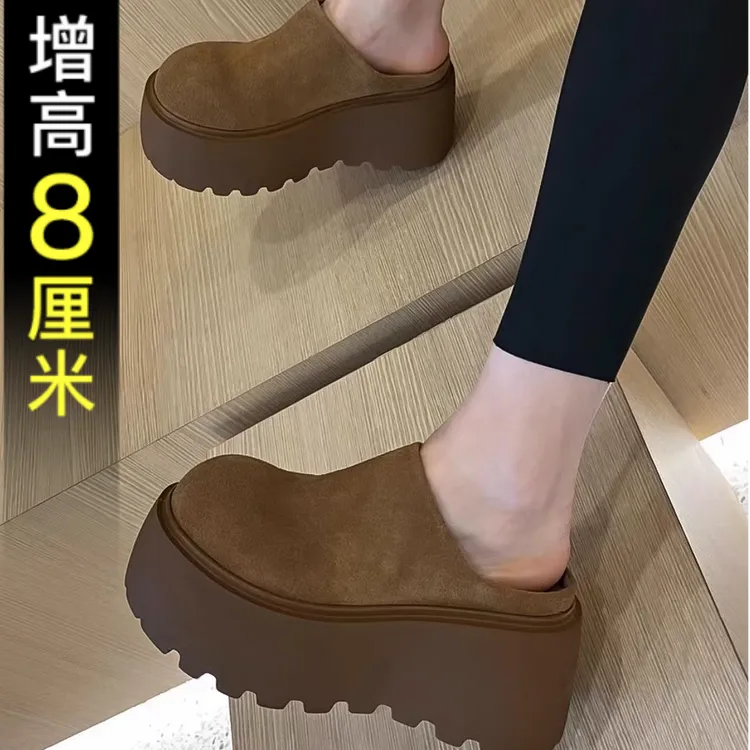 超火厚底包头毛毛半拖鞋女2025新款秋冬季外穿增高懒人鞋加绒棉鞋