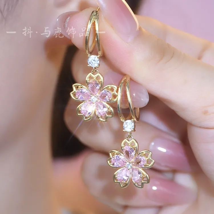 铜合金合成锆石耳饰 【琉璃花】设计师款粉色系琉璃花耳环