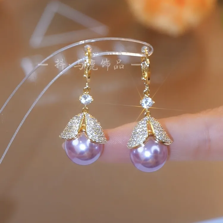 铜合金合成锆石耳饰 925银针轻奢气质百搭紫色珠珠耳扣优雅耳环