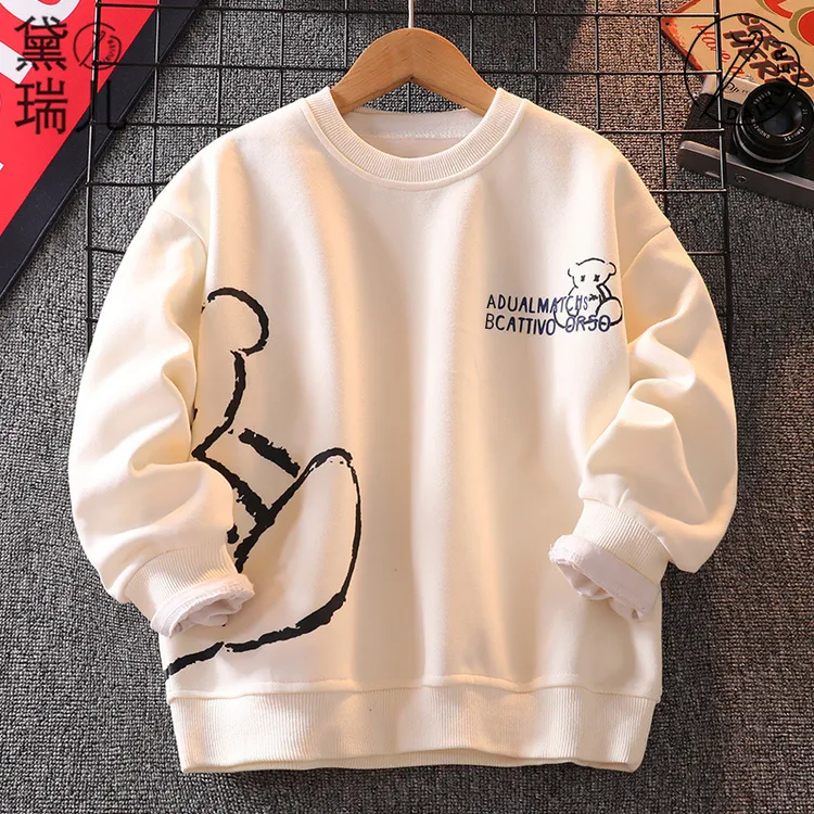 黛瑞儿男童卫衣春秋新款中大童卡通白色上衣儿童长袖秋冬加绒加厚