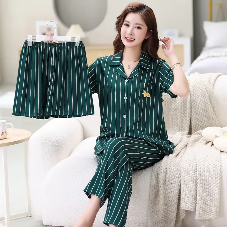 凉感冰雪丝三件套短袖睡衣女休闲大码夏天新款外穿家居服开衫套装