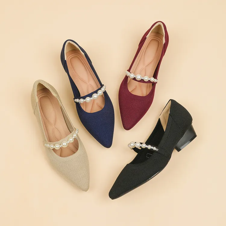 针织面料柔软单鞋时尚百搭粗跟底跟尖头浅口女鞋舒适玛丽珍跟鞋