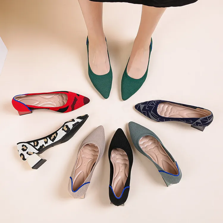 王妃品牌女鞋气质单鞋时尚百搭粗跟尖头小香风舒适透气中跟浅口