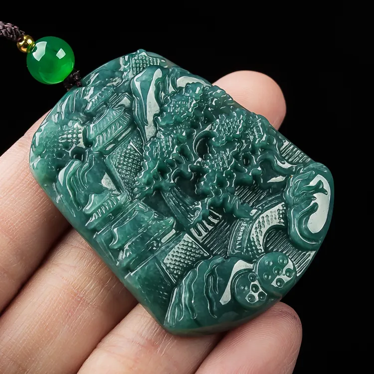 天然翡翠A货满绿山水挂件雕刻绿色吊坠菠菜绿飘绿精雕龙凤呈祥
