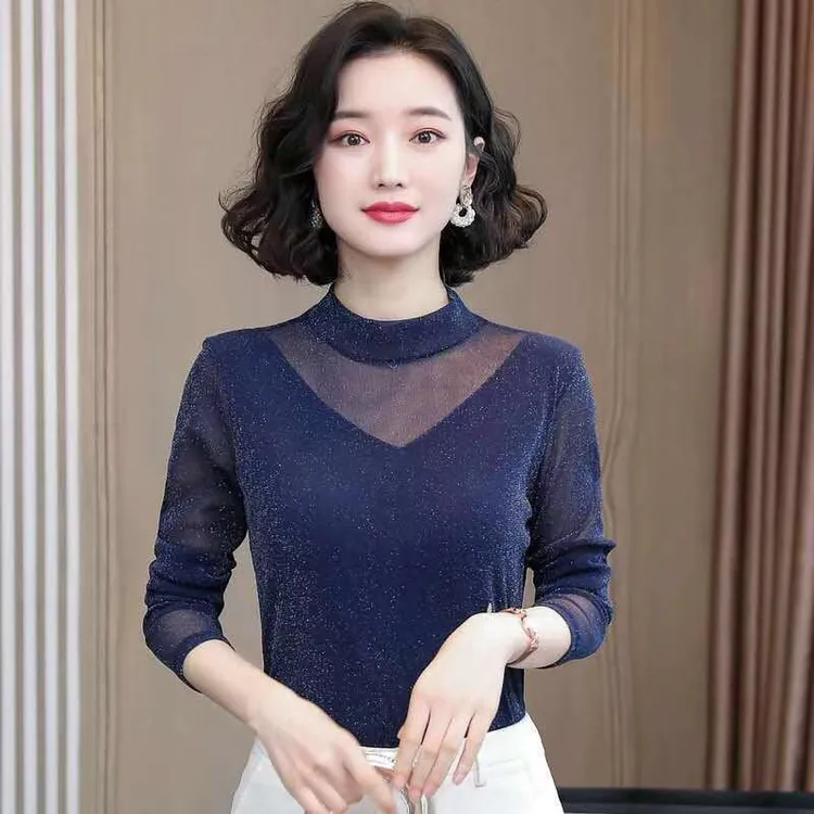 新款网纱打底衫女显瘦内搭长袖网红百搭气质洋气时尚女766