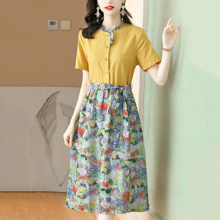 xxnz6036碎花拼接连衣裙女夏季新款妈妈装时尚优雅减龄木耳边裙子