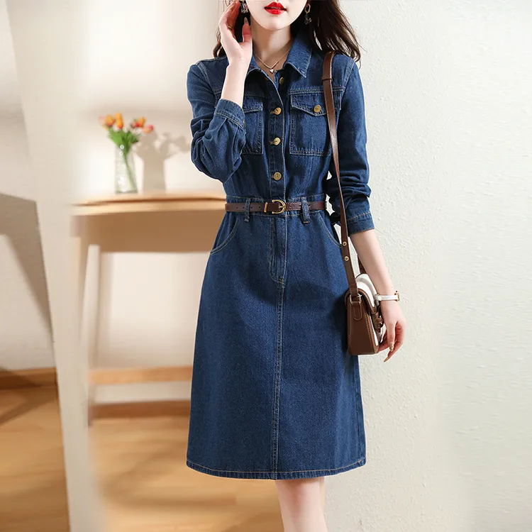 xln513时尚百搭显瘦牛仔连衣裙女春季新款简约休闲收腰显瘦中长裙