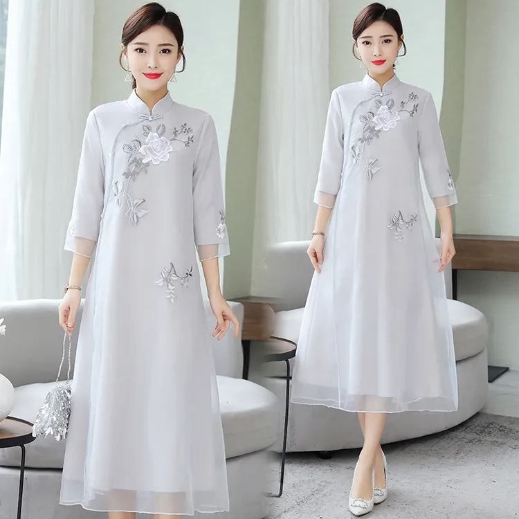 zne9266雪纺刺绣改良旗袍连衣裙新款时尚气质优雅复古过膝长裙女