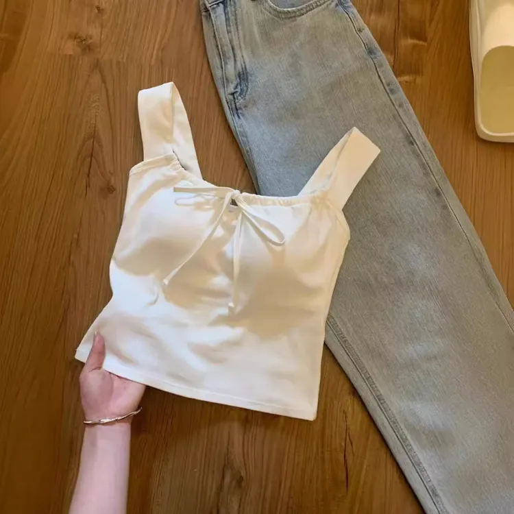 设计感系带无袖吊带背心品质女装夏季带胸垫外穿内搭短款修身上衣