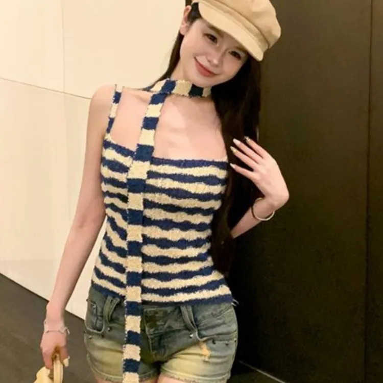纯欲风撞色条纹针织吊带背心女秋季复古内搭打底短款修身显瘦上衣