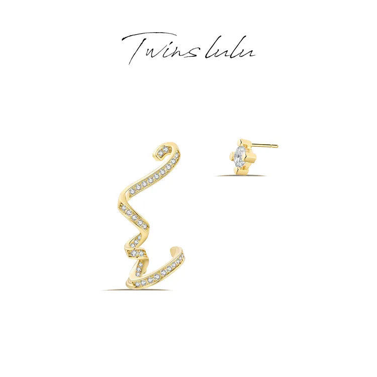 铜合金合成锆石耳饰 【双十二】时尚几何线条不对称耳夹耳钉TSL604