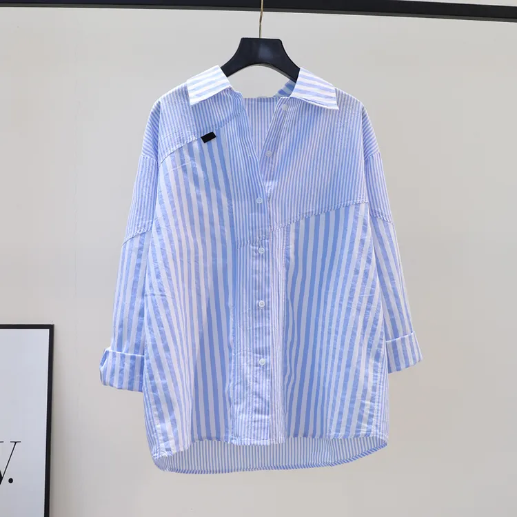2025年春秋新款竖条纹中长款宽松长袖女装衬衫设计感小众蓝色衬衣