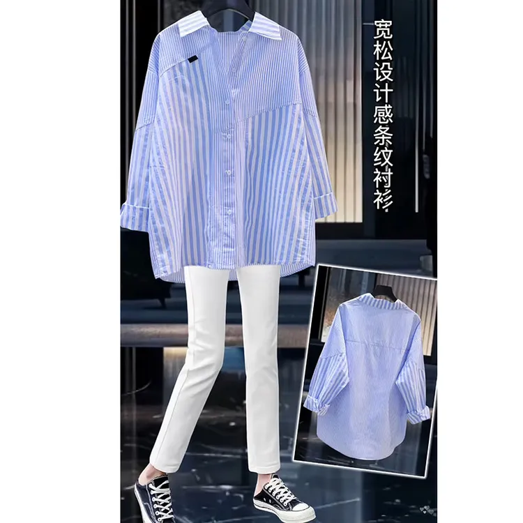2025新款竖条纹中长款宽松长袖女春秋衬衫设计感衬衣拼接时尚上衣