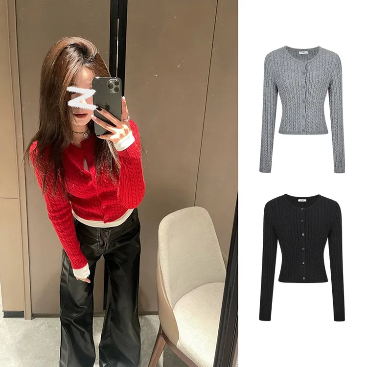 Moses Queen/魔西女王圣马丁学院麻花针织衫上衣修身显瘦毛衣开衫