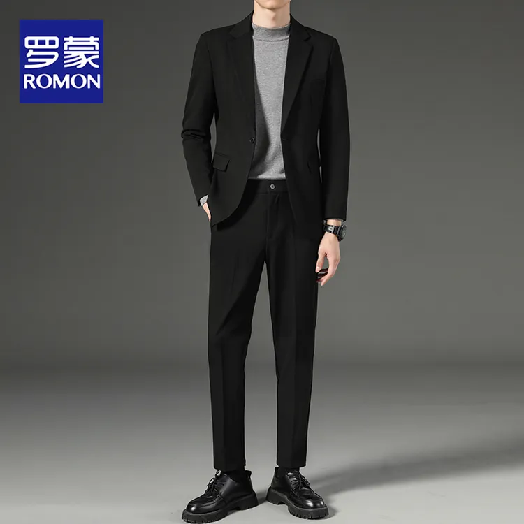 罗蒙毛呢西装套装男士2024秋冬季潮牌新款轻熟风男装休闲宽松西服