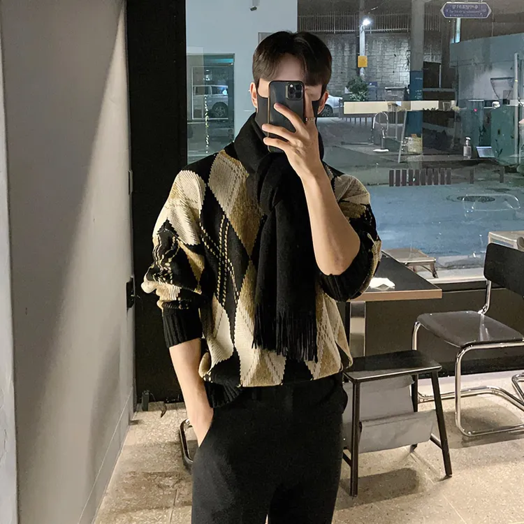 圆领拼色套头针织毛衣男士秋冬季潮牌流宽松慵懒风男款内搭打底衫