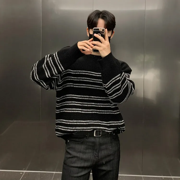 反季黑白条纹圆领套头针织毛衣男秋冬宽松慵懒风百搭休闲外穿上衣