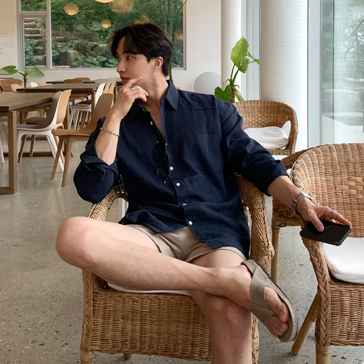 纯色长袖衬衫男士高级感夏季薄款潮牌痞帅高档轻奢高街男宽松衬衣