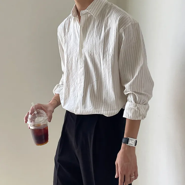 白色格子衬衫男款轻奢高级感春夏百搭潮牌休闲男士高端男士打底衫