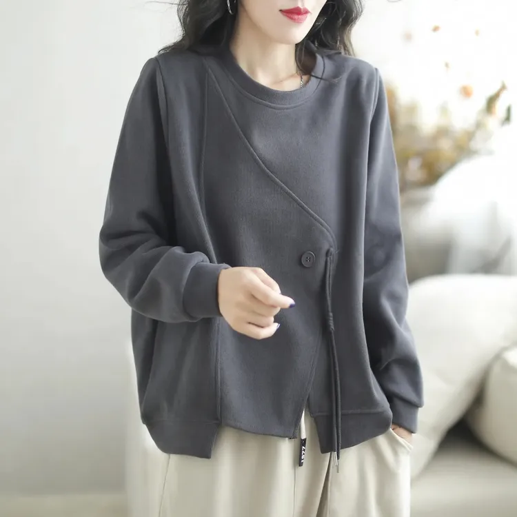 【洋气拼接宽松圆领卫衣】女士2025秋季新款韩版休闲复古纯色上衣潮