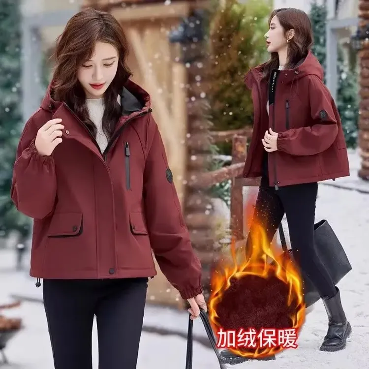 加绒派克服工装短外套女2025秋冬新款韩版宽松时尚小个子连帽上衣