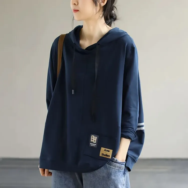 【贴布长袖连帽卫衣】女士2025春秋新款文艺宽松系带休闲大码上衣