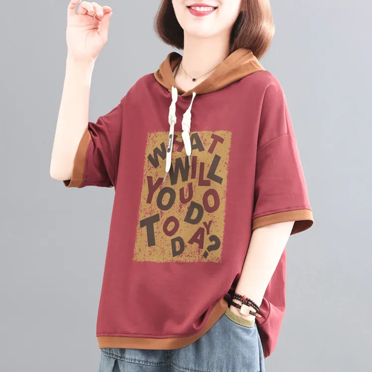 纯棉连帽短袖T恤女士2025夏装新款韩版大码字母印花休闲套头卫衣