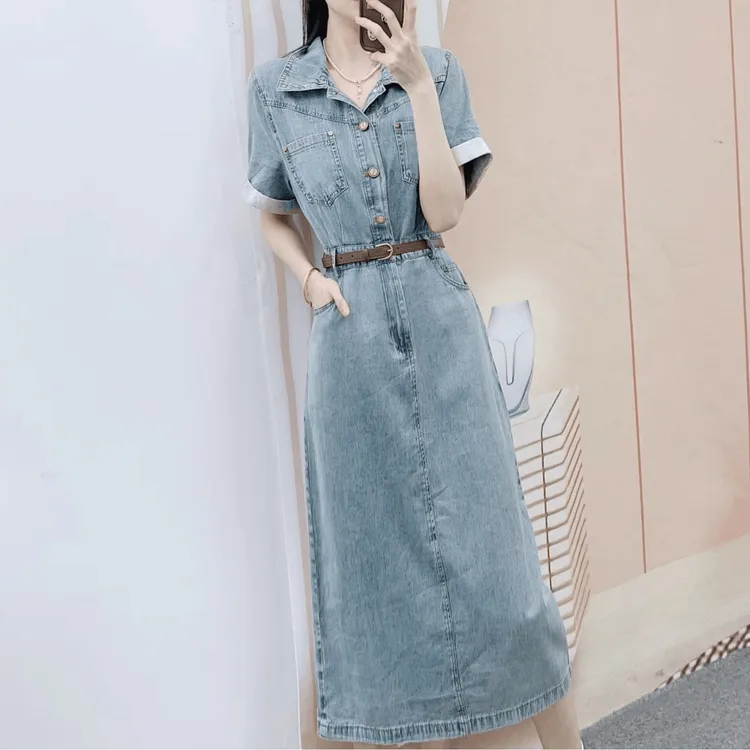 复古时尚轻薄显瘦中长牛仔短袖连衣裙