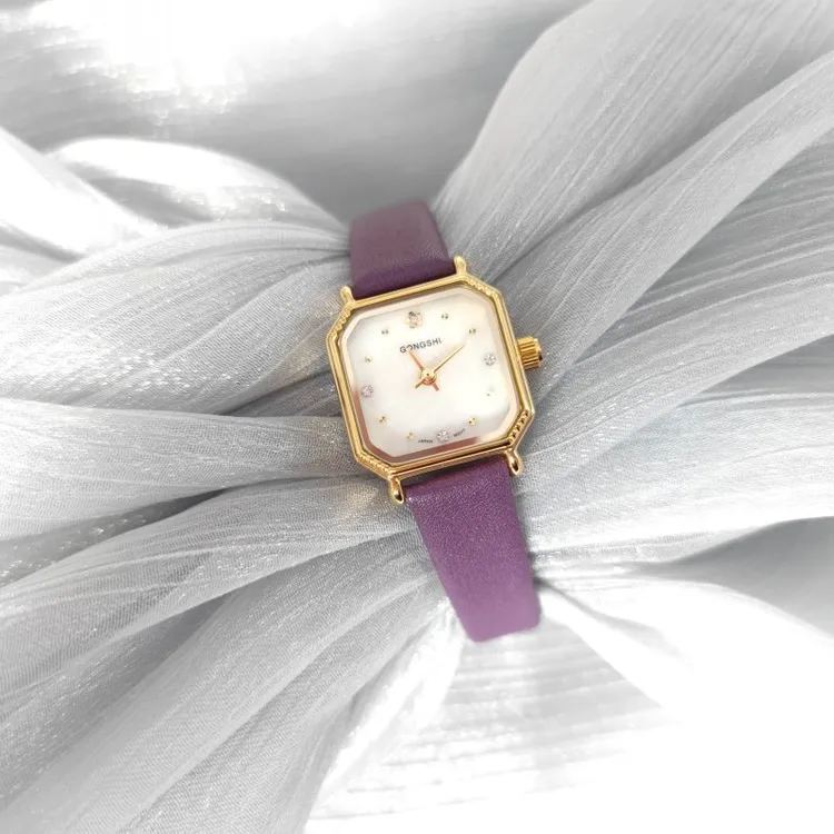 国货外贸出口GONGSHI牌贝壳全铜日本机芯牛皮复古小巧石英防水表