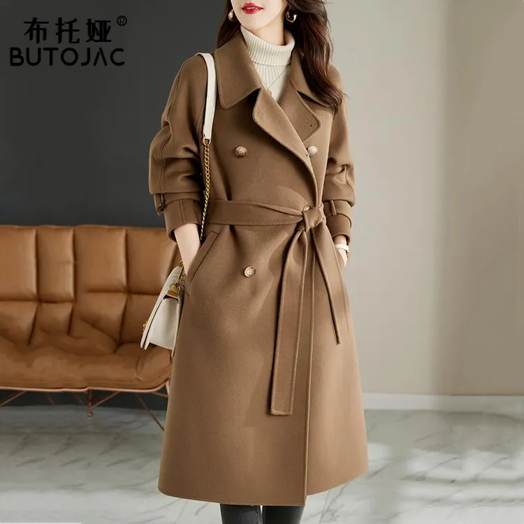 高端手工毛呢子外套2025秋冬新款系带驼色中长双面零显瘦气质时尚